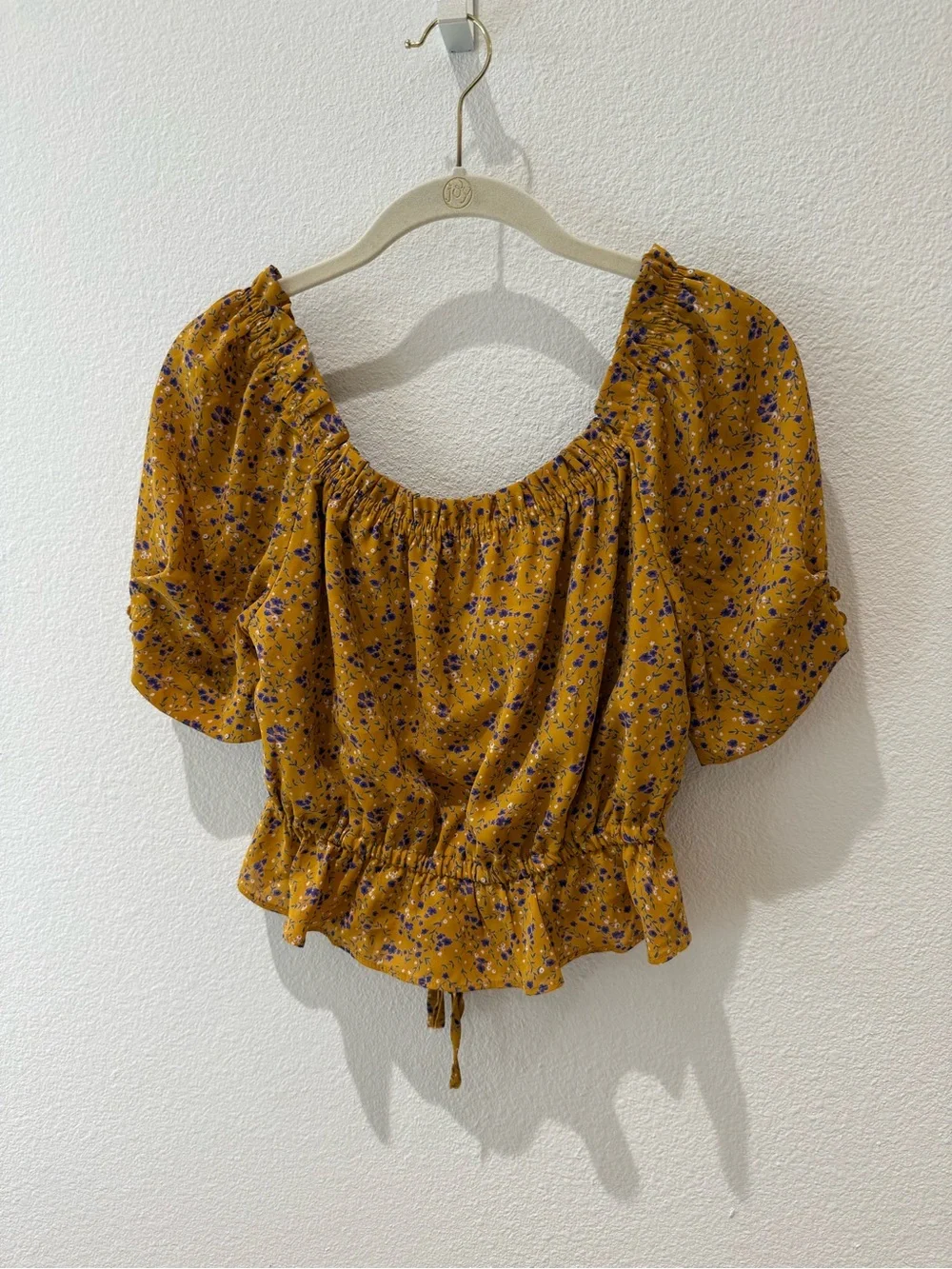 Lost + Wander Mustard Floral Puff-Sleeve Tie-Hem Blouse